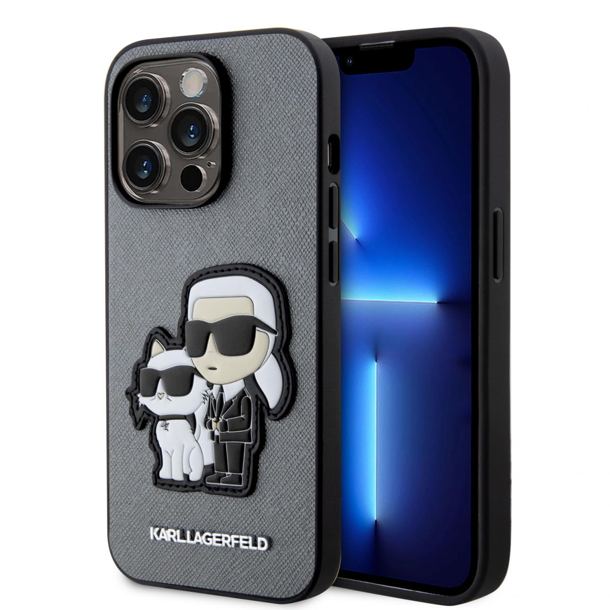 Carcasa Karl Lagerfeld Saffiano Karl and Choupette compatibila cu iPhone 14 Pro Max, Silver 1 Lerato.ro