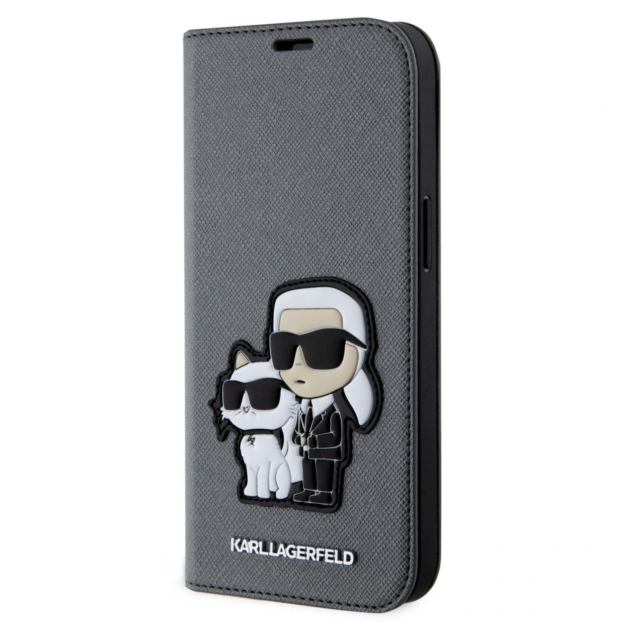 Husa flip cover Karl Lagerfeld Saffiano Karl and Choupette compatibila cu iPhone 14 Pro Max, Silver 1 Lerato.ro