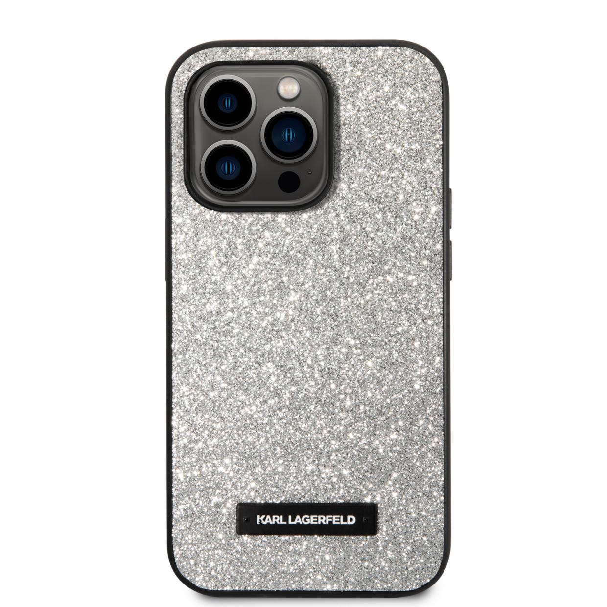 Husa Karl Lagerfeld Glitter Plaque Logo compatibila cu iPhone 14 Pro, Silver 1 Lerato.ro