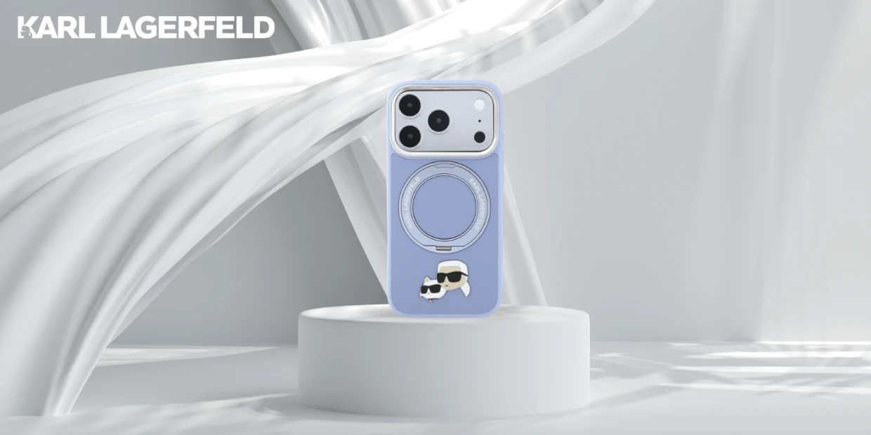 Husa Karl Lagerfeld Ring Stand 360 Karl and Choupette Heads Pin cu MagSafe compatibila cu iPhone 18 Pro / 17 Pro, Albastru 1 Lerato.ro