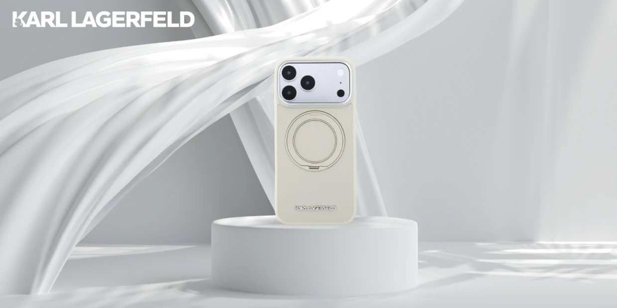 Husa Karl Lagerfeld Ring Stand 360 Saffiano Classic Logo cu MagSafe compatibila cu iPhone 18 Pro / 17 Pro, Bej 1 Lerato.ro