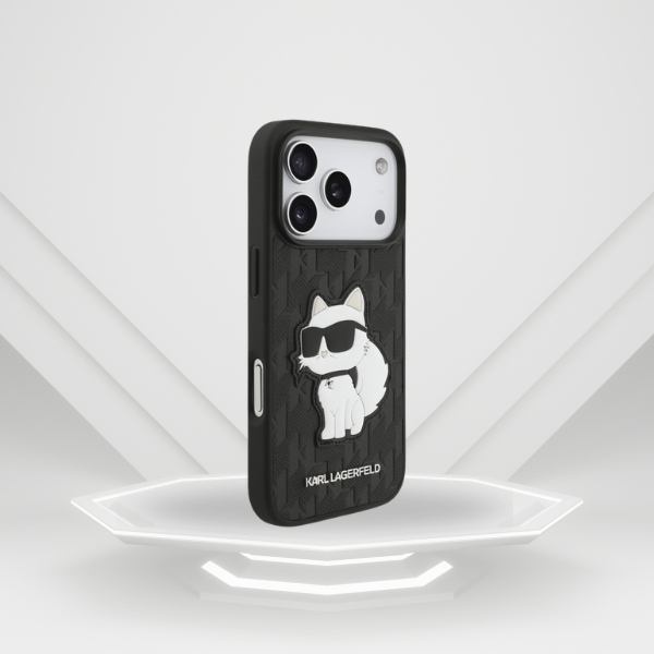 Husa Karl Lagerfeld Saffiano Mono Patch Choupette compatibila cu iPhone 18 Pro / 17 Pro, Negru 1 Lerato.ro