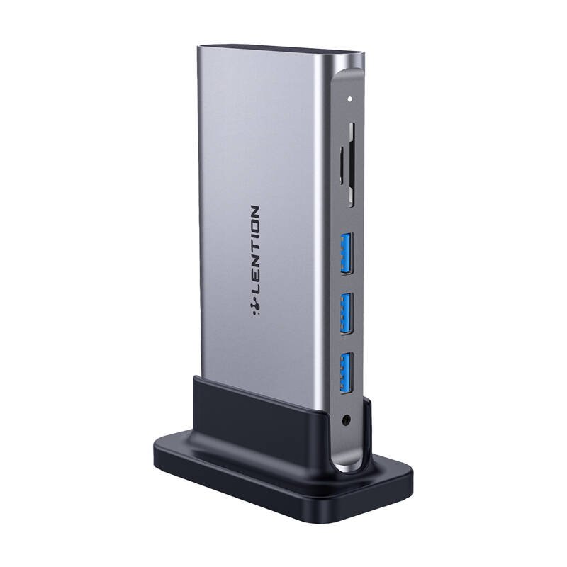Statie de andocare Lention, AV, USB-C PD/RJ45/HDMI/USB 3.0 x5/3.5mm audio/SD/TF, Gri