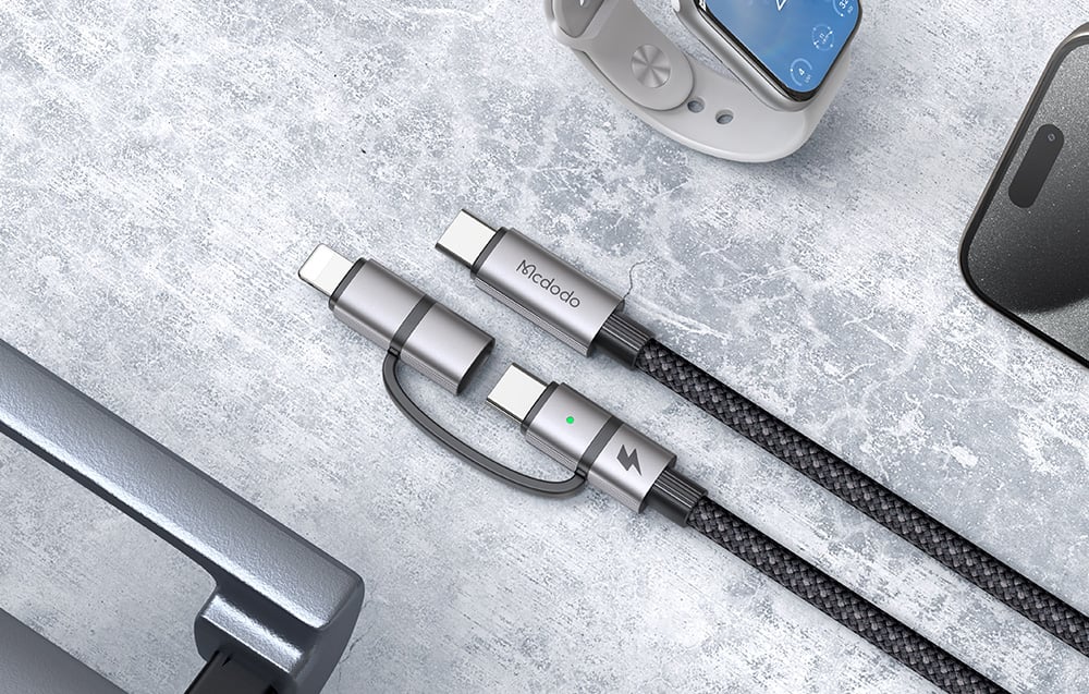 Cablu pentru incarcare si transfer de date Mcdodo CA-0450 2 in 1, USB-C/Lightning - USB-C, 10Gbps, 4K 60Hz, 5A, 1.2m, Negru/Gri 1 Lerato.ro