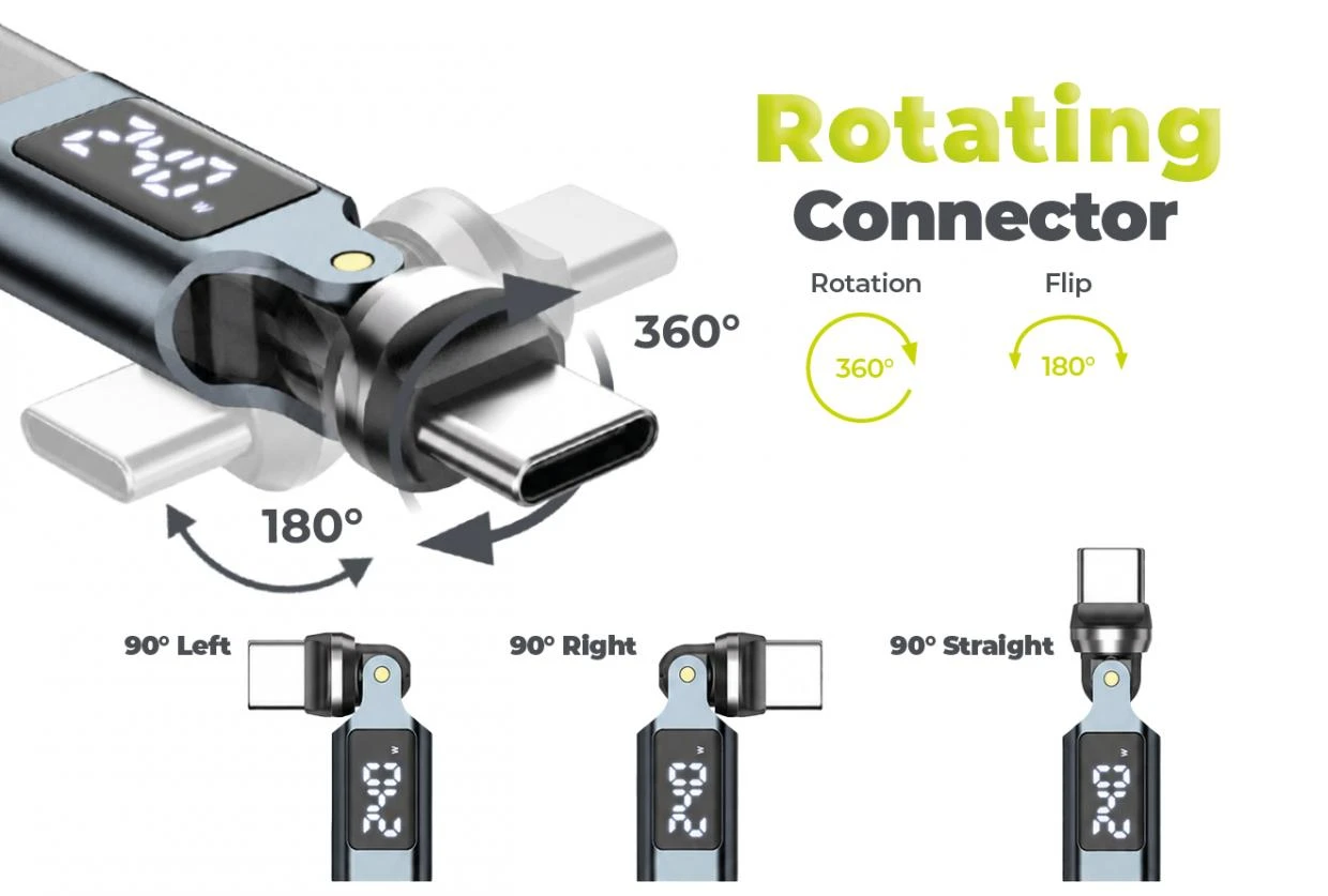 Cablu pentru incarcare si transfer de date Mobile Origin CB16, 2x USB-C, 240W, 5A, 480Mbps, 1.8m, Afisaj LED, Cap rorativ, Negru 1 Lerato.ro