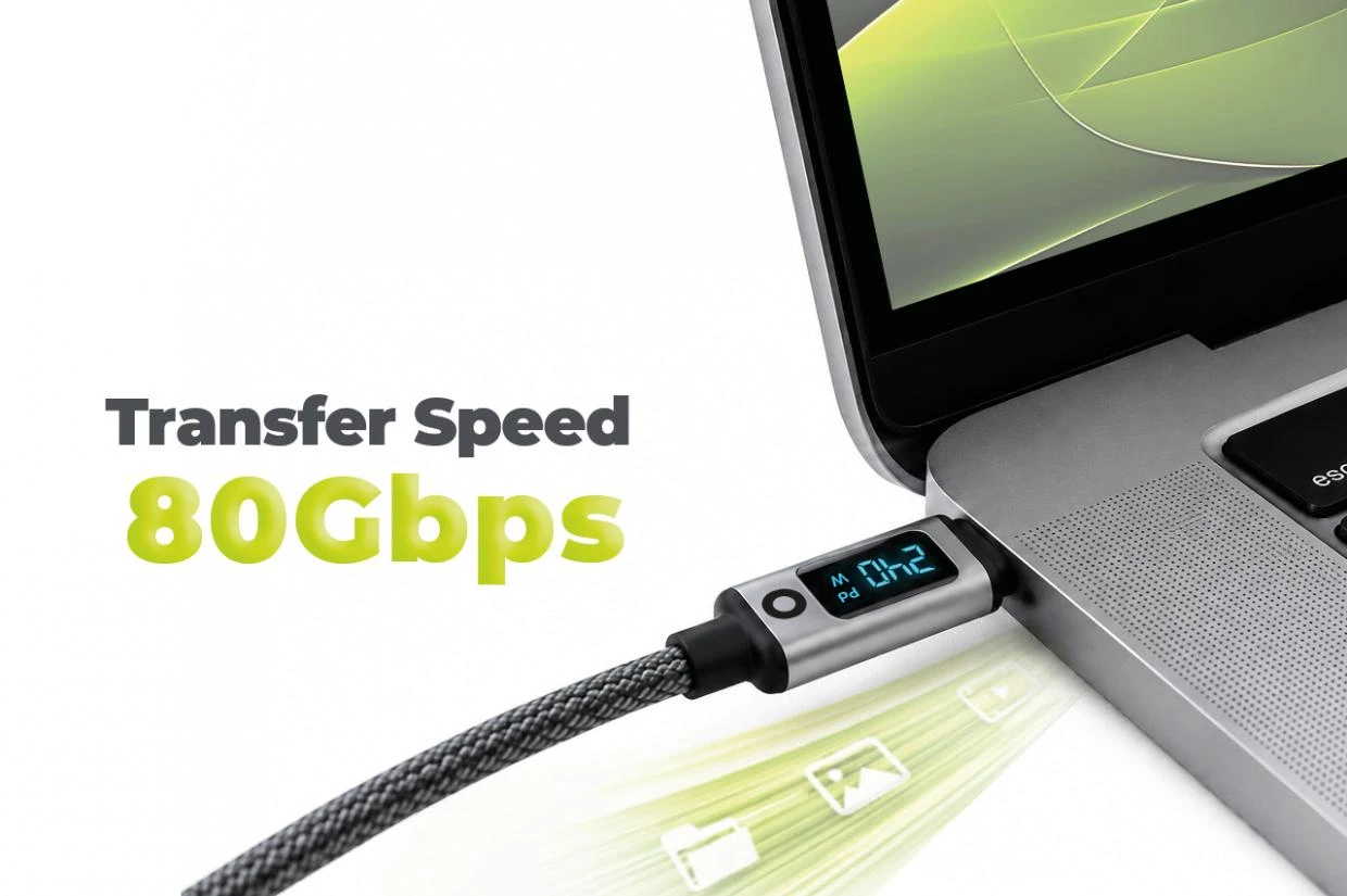 Cablu pentru incarcare si transfer de date Mobile Origin CB18, 2x USB-C, 240W, 5A, 80Gbps, 8K / 60Hz, Afisaj LED, Lungime 1.5m, Negru 1 Lerato.ro