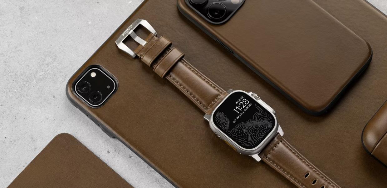 Curea din piele naturala NOMAD Traditional Band compatibila cu Apple Watch 4/5/6/7/8/SE/Ultra 42/44/45/49mm Brown/Silver 1 Lerato.ro