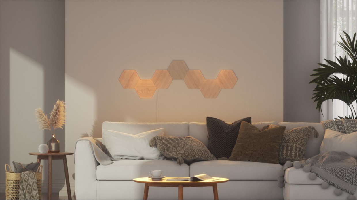 Kit 7 panouri luminoase inteligente Nanoleaf Elements Hexagons Wood Look Starter Kit, cu senzor muzica inclus, multi-touch control, Wi-Fi 1 Lerato.ro