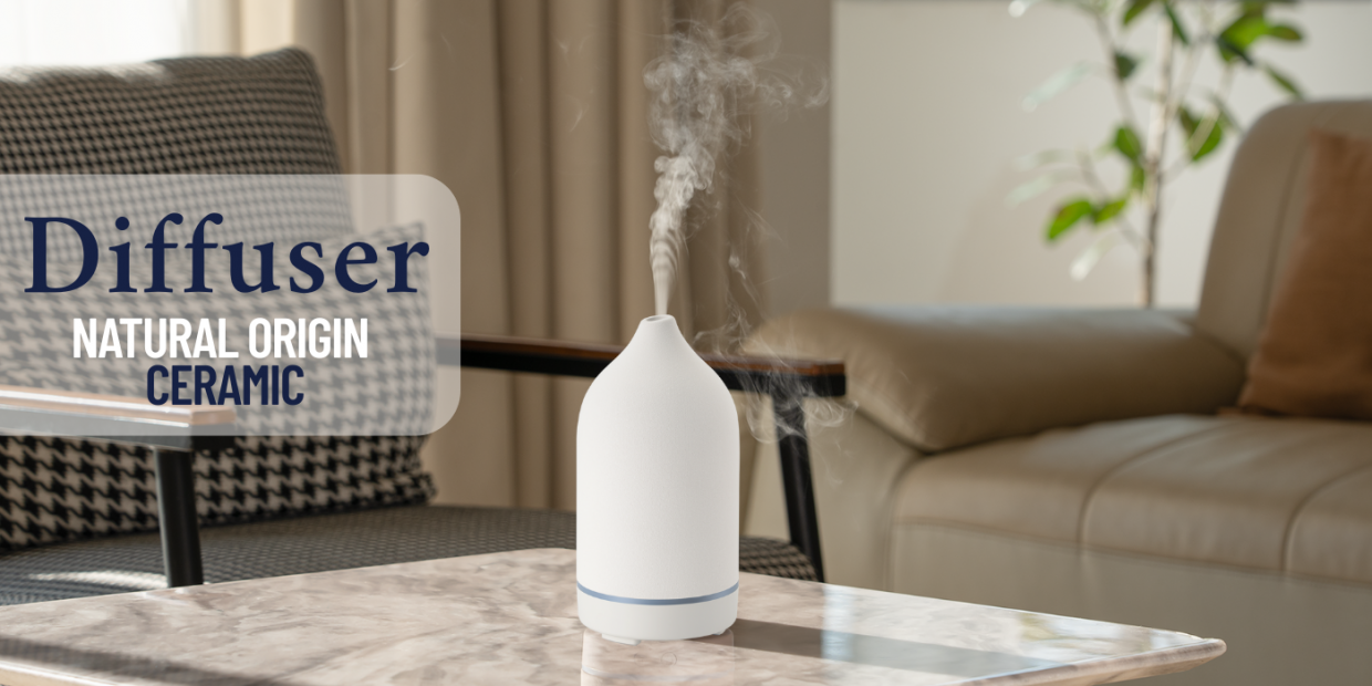 Umidificator aer Natural Origin Ceramic, Functie de aromatizor, 100ml, Autonomie 4h, Iluminare LED, Alb 1 Lerato.ro