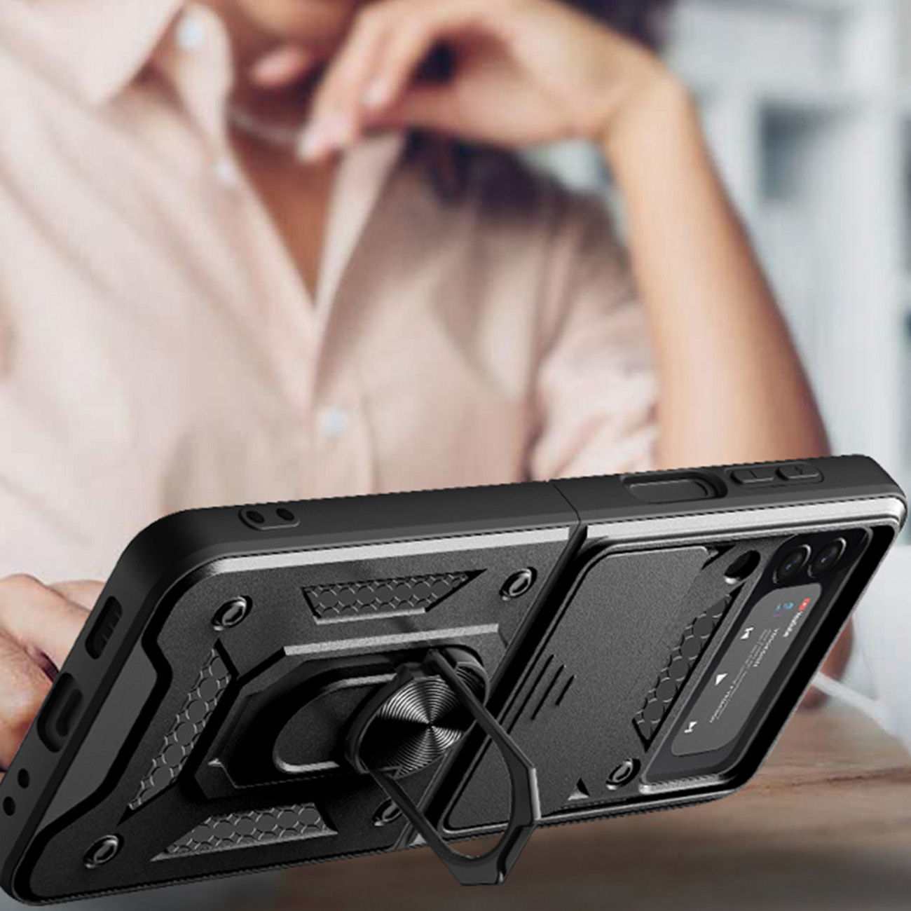 Carcasa Hybrid Armor CamShield compatibila cu Samsung Galaxy Z Flip 4 5G Black 1 Lerato.ro