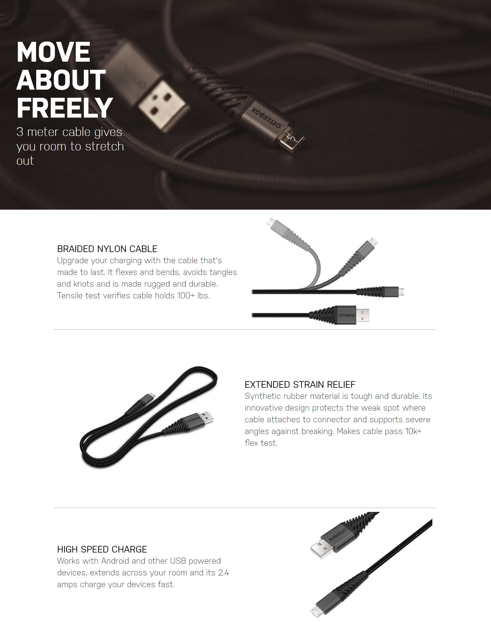 Cablu rezistent pentru incarcare rapida si transfer de date Otterbox Micro-USB 2m Negru 1 Lerato.ro
