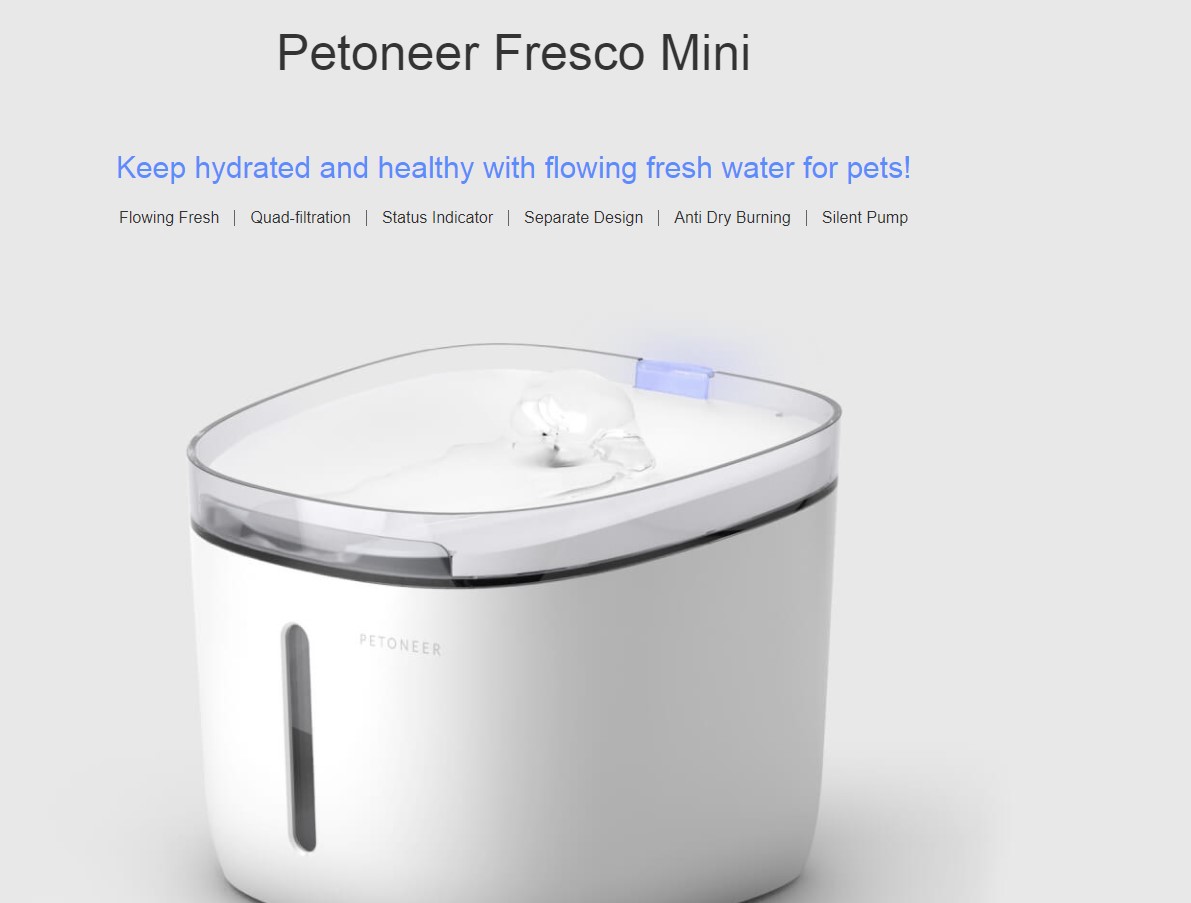 Dispenser de apa smart PETONEER Fresco Mini Plus pentru animale, 1.9L, Filtrare, Control aplicatie, Alb 1 Lerato.ro