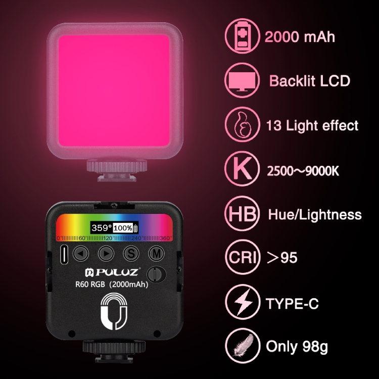 Lampa LED RGB PU560B Puluz pentru Camera Foto/Video, 6W, USB-C, 2000 mAh, Cablu incarcare inclus, Negru 1 Lerato.ro
