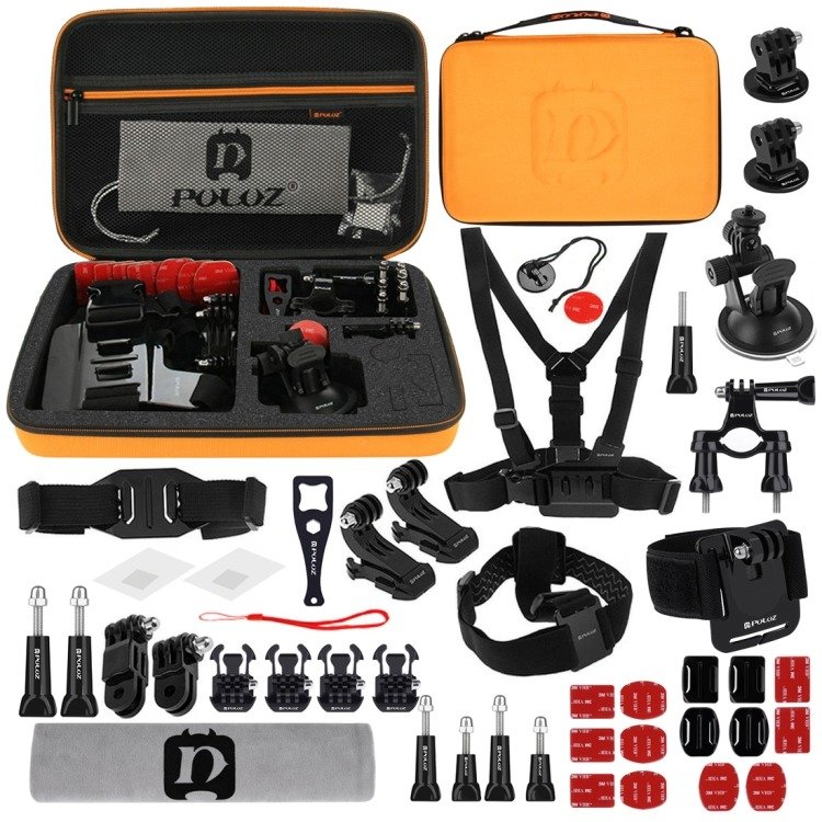 Kit 45+1 Accesorii PKT28 Puluz Pentru Camera Video Sport DJI Osmo Action, GoPro, Cutie Depozitare, Portocaliu 1 Lerato.ro