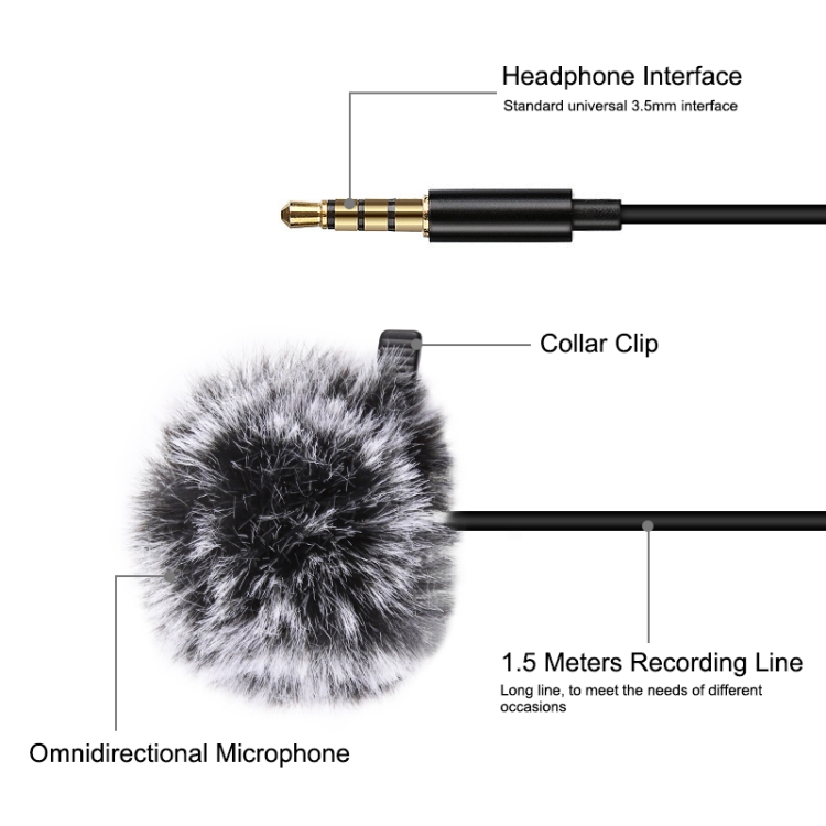 Microfon tip lavaliera PU424 Puluz, Wired Condenser Recording, Jack 3.5 mm, Lungime 1.5m, Negru 1 Lerato.ro