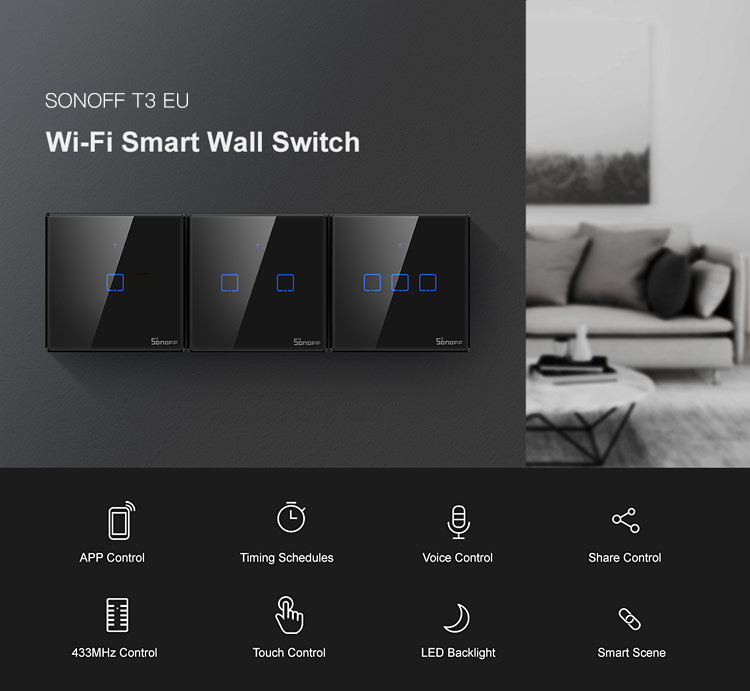 Intrerupator Smart WiFi Sonoff + RF 433 T3 EU TX, 3 canale, control cu ajutorul aplicatiei mobile 1 Lerato.ro