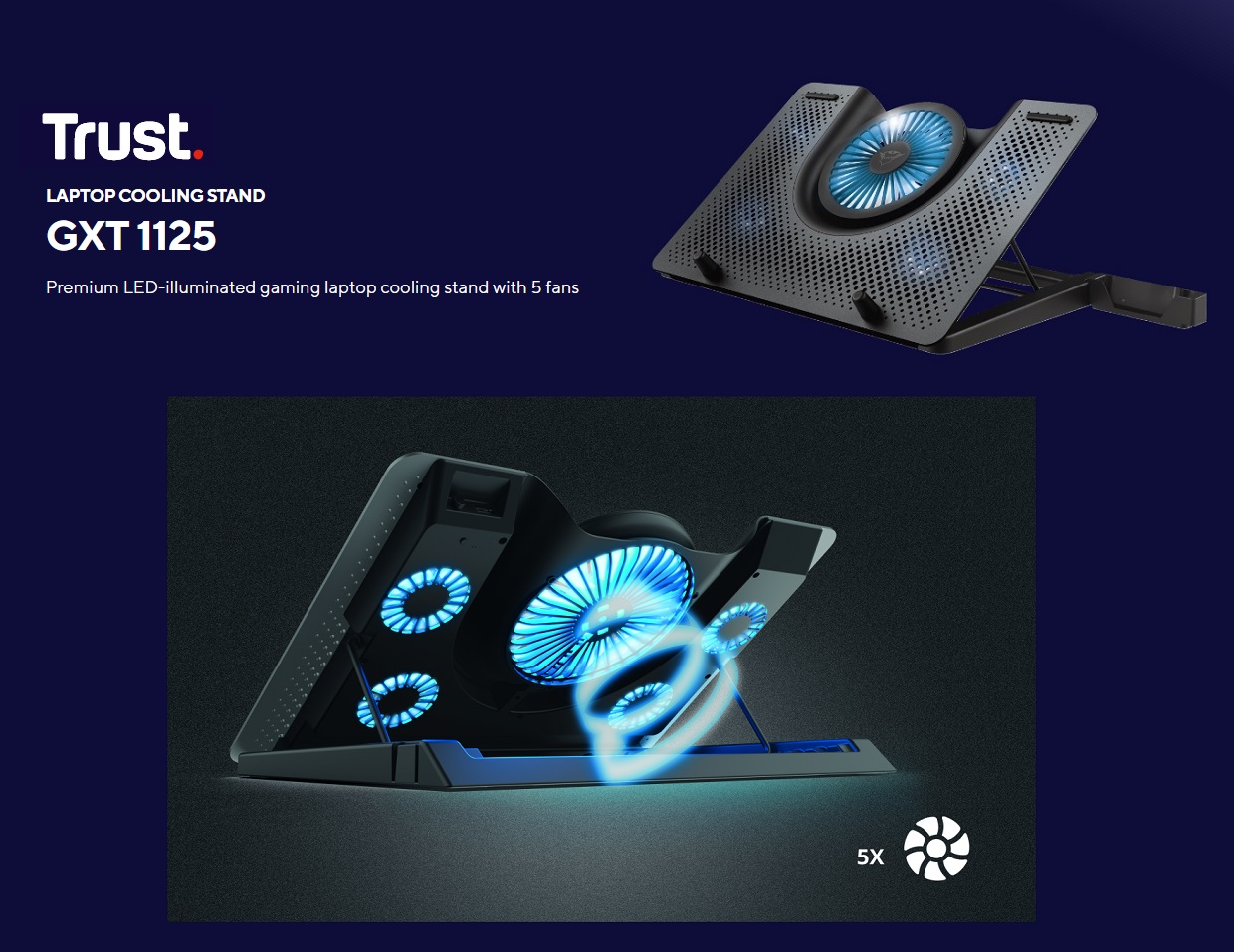 Cooler laptop gaming Trust GXT 1125 QUNO, compatibil pana la 17", numar ventilatoare: 5, 800 rpm, USB, aluminiu, iluminare LED albastru, 50 x 400 x 280 mm, 1.06 kg, negru 1 Lerato.ro