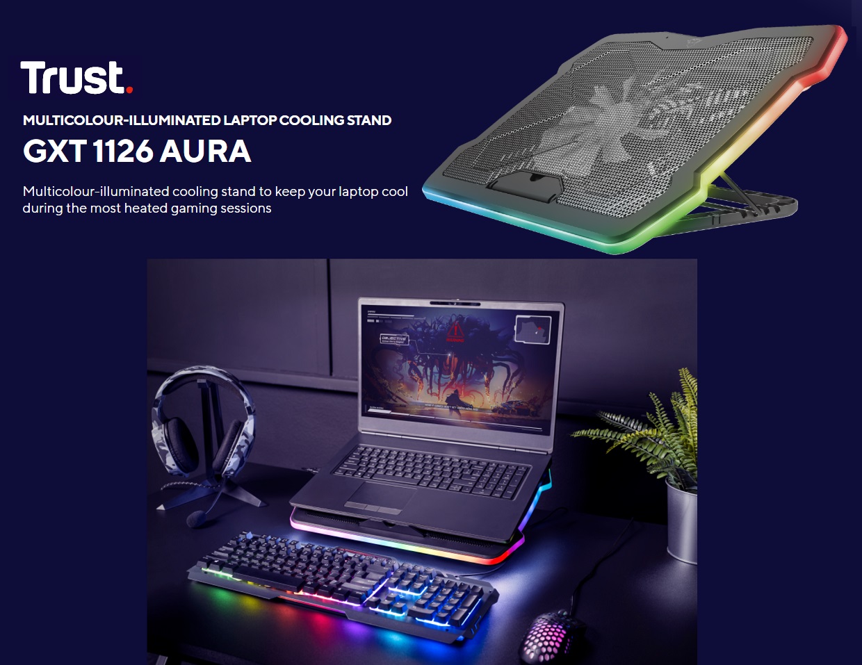 Cooler laptop gaming Trust GXT 1126 AURA, compatibil pana la 17", numar ventilatoare: 1, 450-700 rpm, USB,  full RGB, 26 x 421 x 312 mm, 1.00 kg, negru 1 Lerato.ro