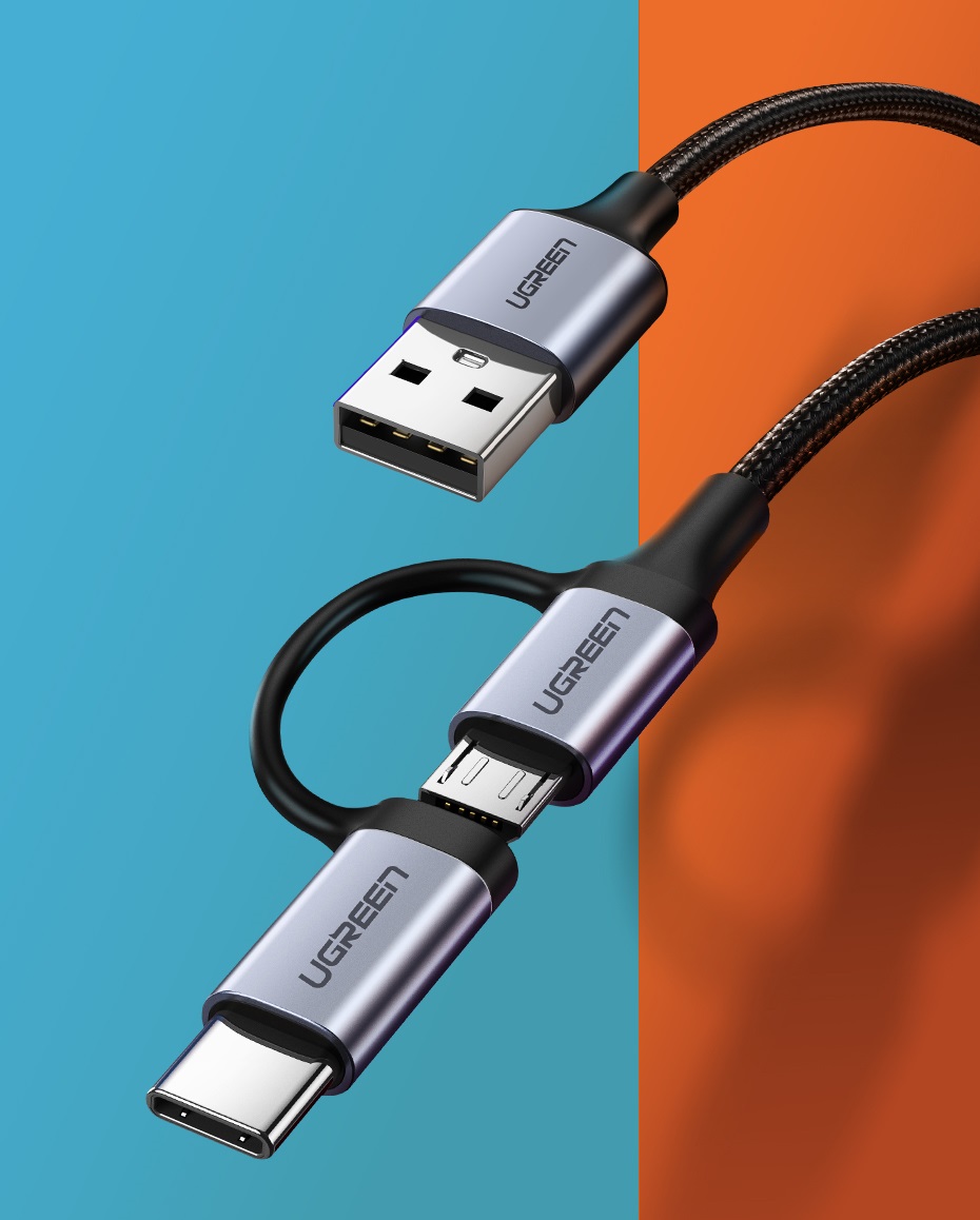 Cablu pentru incarcare si transfer de date 2 in 1 UGREEN US177, USB - Micro-USB/USB Type-C, Quick Charge 3.0, 3A, 1m, Negru/Gri 1 Lerato.ro