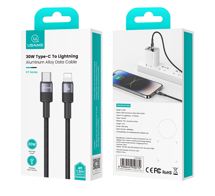 Cablu pentru incarcare si transfer de date USAMS US-SJ729, USB-A la Lightning, 30W, 480 Mbps, 1.2m, Negru 1 Lerato.ro