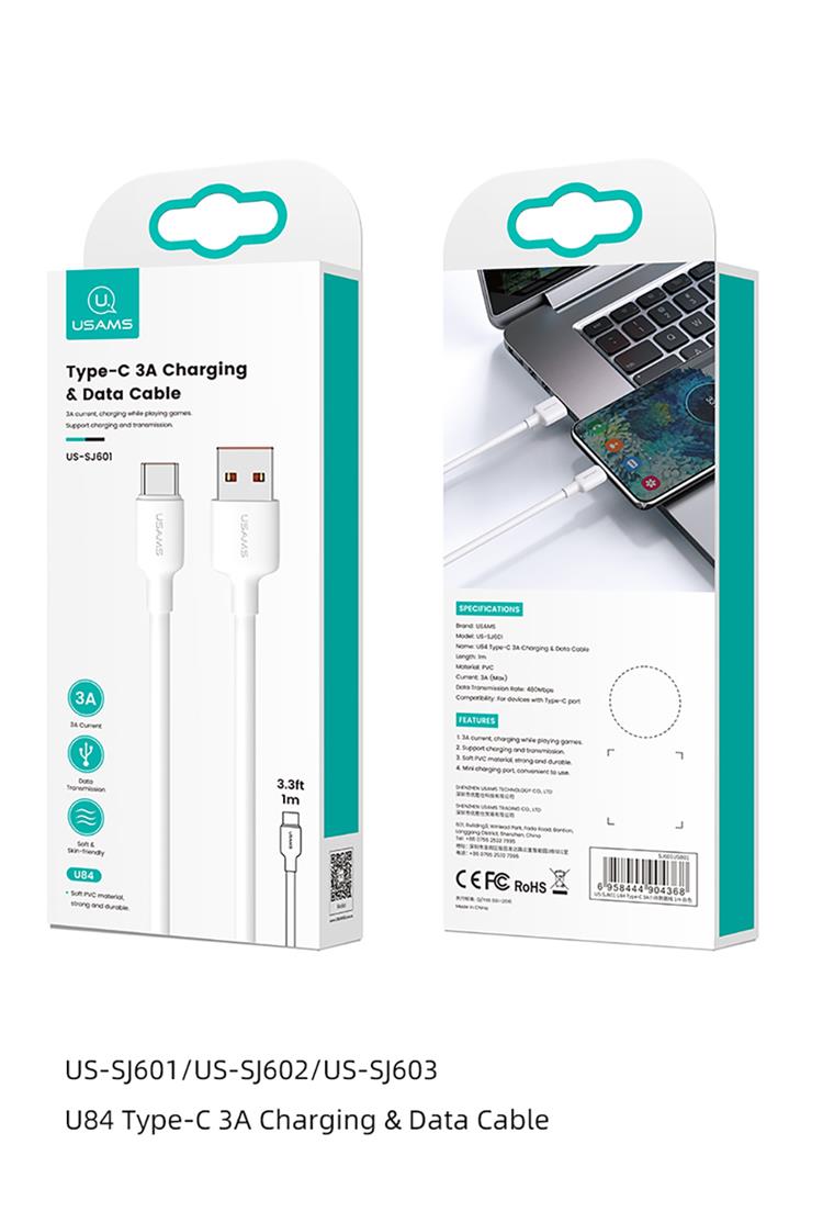 Cablu pentru incarcare si transfer de date USAMS US-SJ603, USB la USB-C, 3A, 480Mbps, 3m, Alb 1 Lerato.ro
