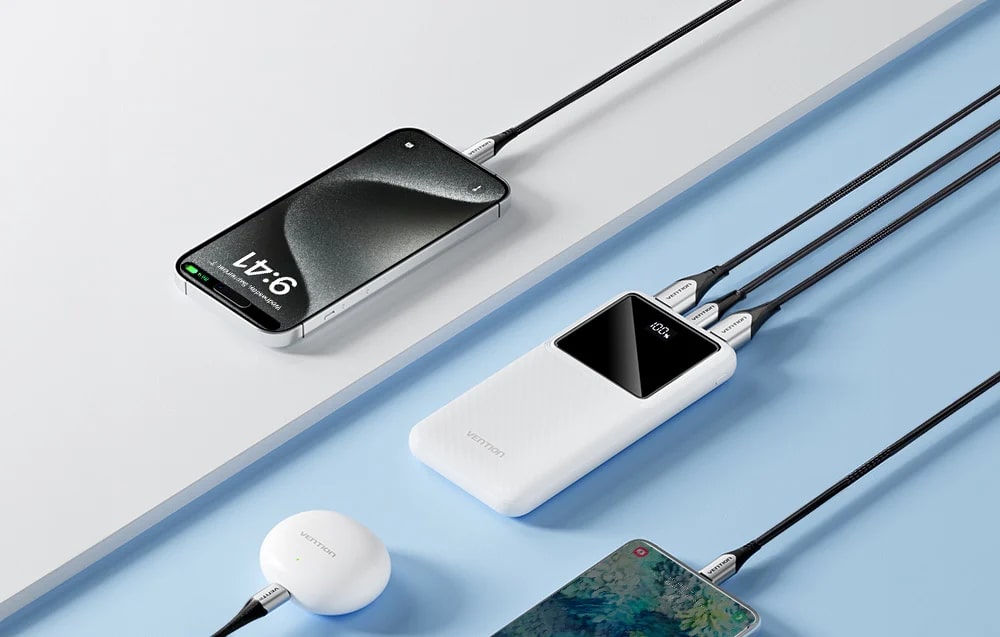 Baterie externa portabila Vention FHKW0, 10000 mAh, 22.5W, Display, Micro USB, USB-C, 2x USB, Cablu USB-C 20 cm inclus, Alb 1 Lerato.ro