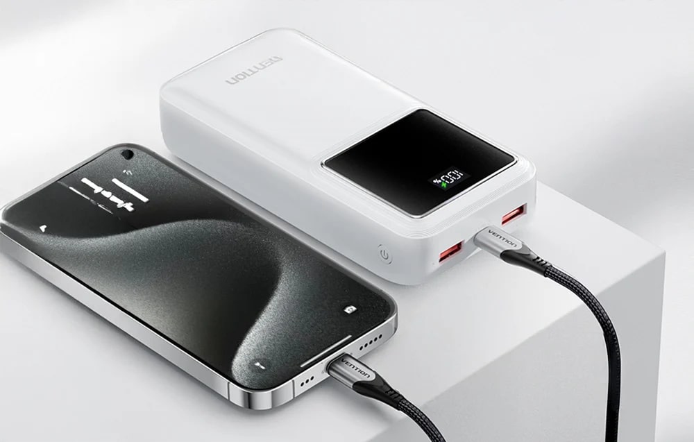 Baterie externa portabila Vention FHMW0, 30000 mAh, 22.5W, USB/USB-C, Afisaj LED, Cablu USB-C 30 cm inclus, Alb 1 Lerato.ro