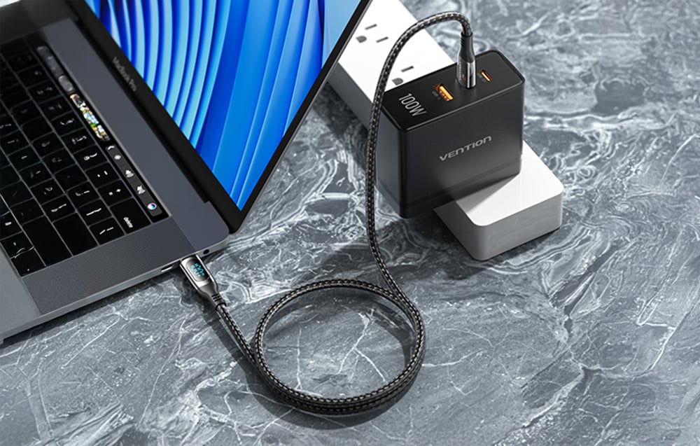 Cablu pentru incarcare si transfer de date Vention TAYBAV, 2x USB-C, Afisaj LED, 100W, 5A, 1.2m, Negru 1 Lerato.ro