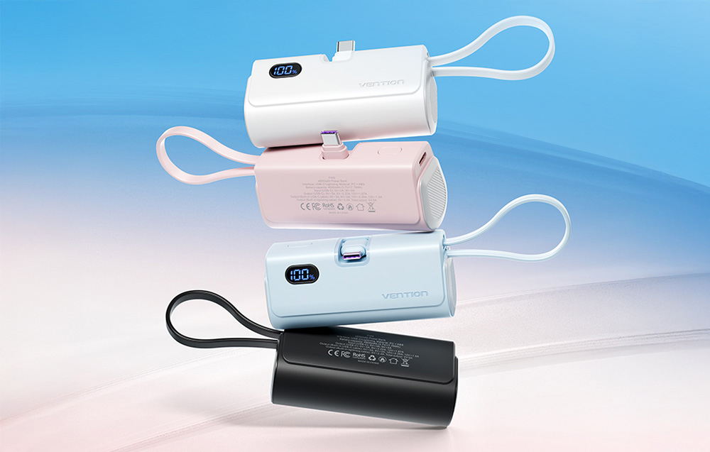 Baterie externa portabila Vention FHQW0, 4800 mAh , 22.5W, Afisaj LED, USB-C, Cablu Lightning incorporat, Negru 1 Lerato.ro