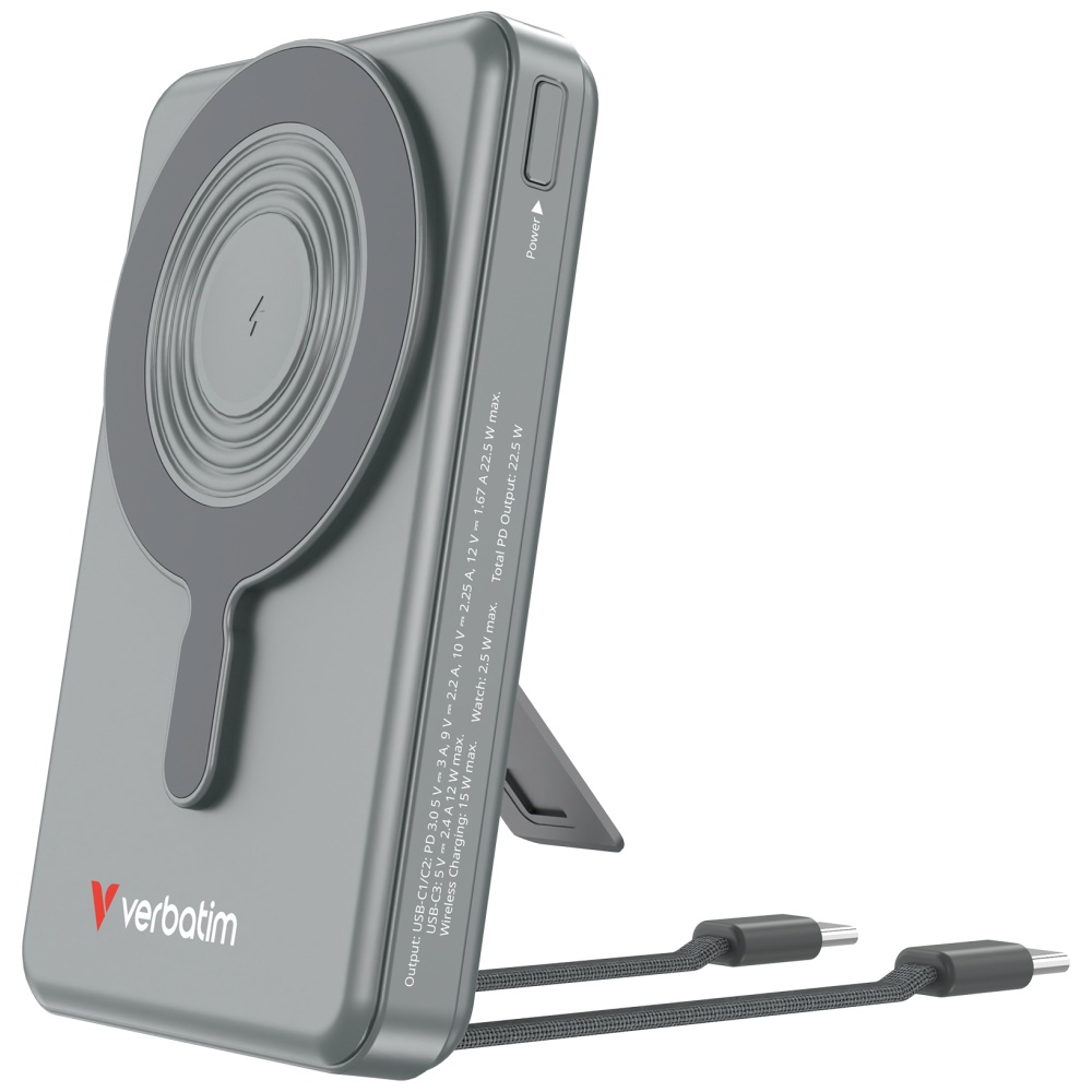 Baterie externa 10000 mAh Verbatim Charge n Go, 18W, Incarcare Wireless 15W, 2 x Cablu USB-C, Gri 1 Lerato.ro