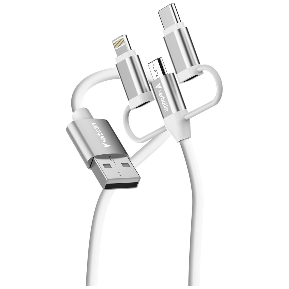 Cablu pentru incarcare si transfer de date Verbatim Sync & Charge, USB-A la USB-C / Lightning / MicroUSB, 18W, 480 Mbps, 1m, Alb 1 Lerato.ro