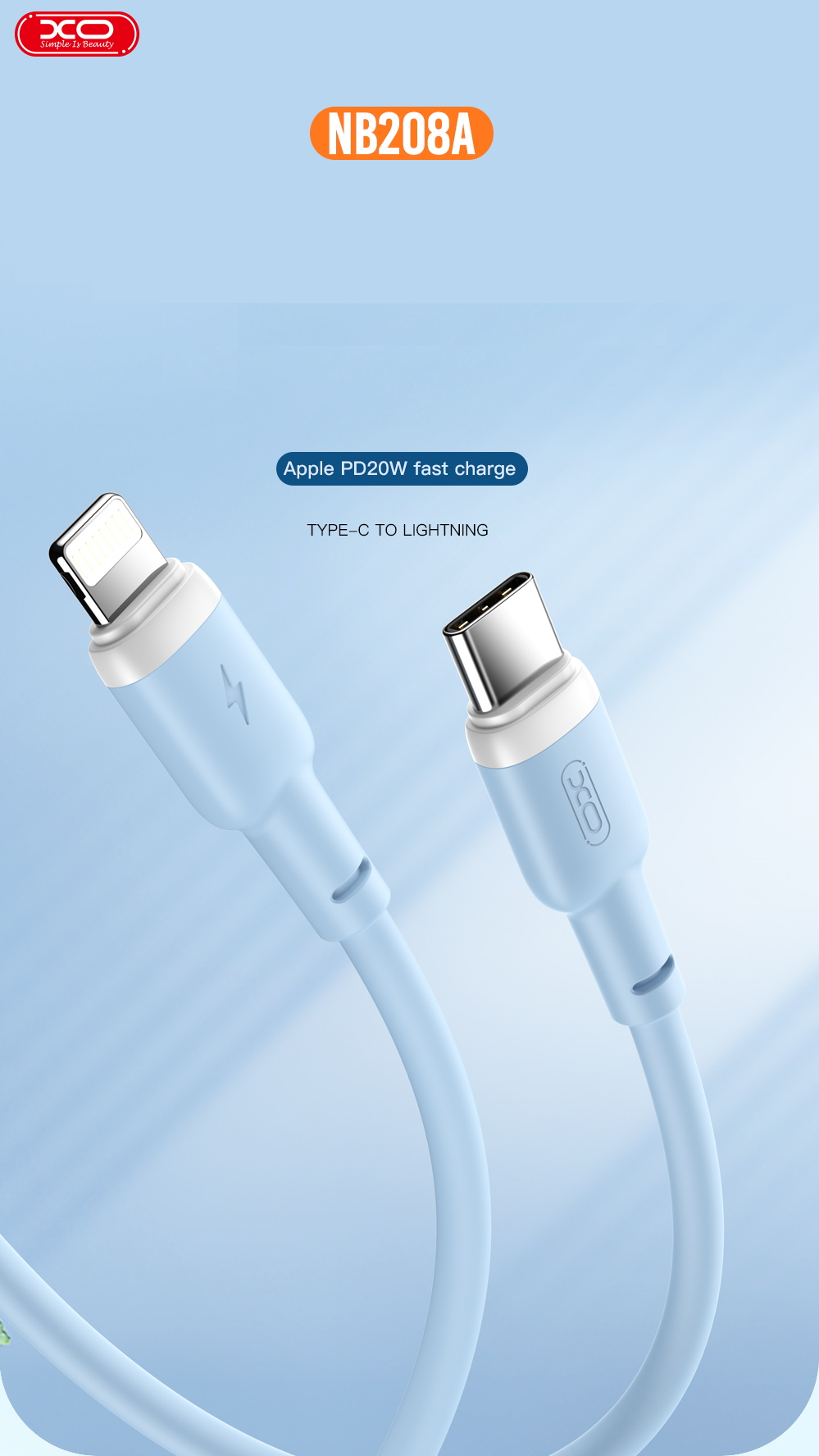Cablu pentru incarcare si transfer de date XO NB208A, USB Type-C/Lightning, Power Delivery 20W, 1m, Albastru 1 Lerato.ro