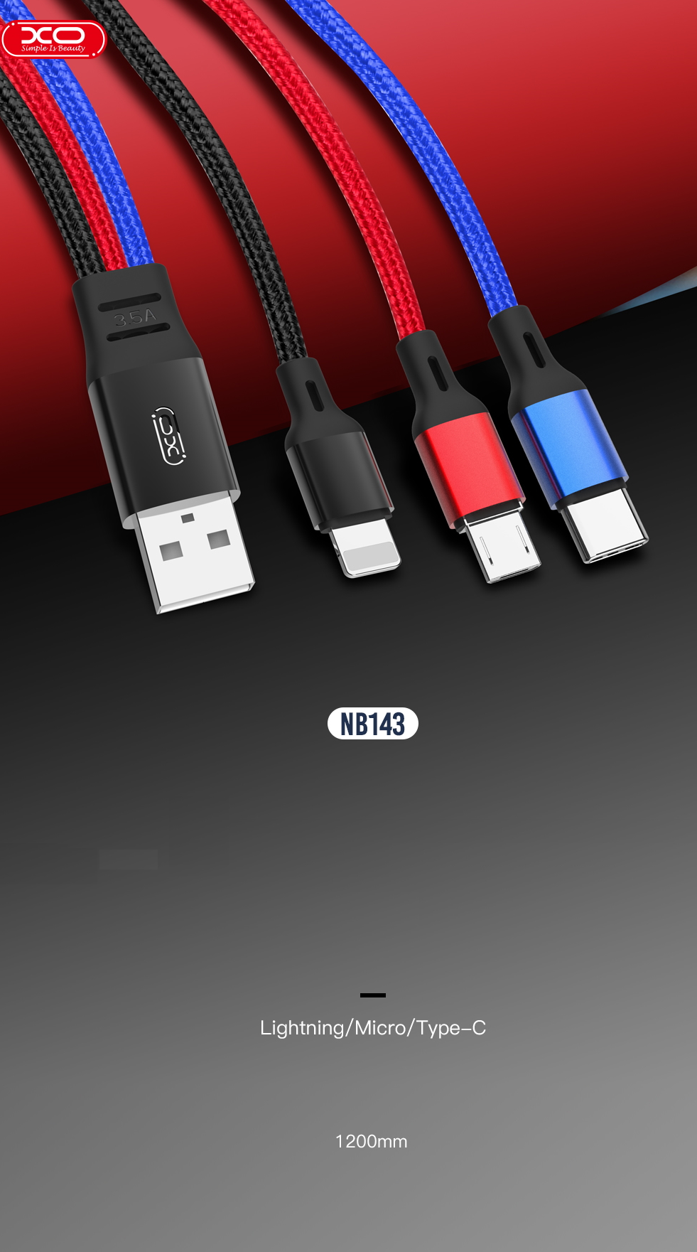 Cablu pentru incarcare si transfer de date XO NB143 3 in 1, USB Type-C /Lightning/Micro-USB, 3.5A, 1.2m, Albastru/Negru/Rosu 1 Lerato.ro