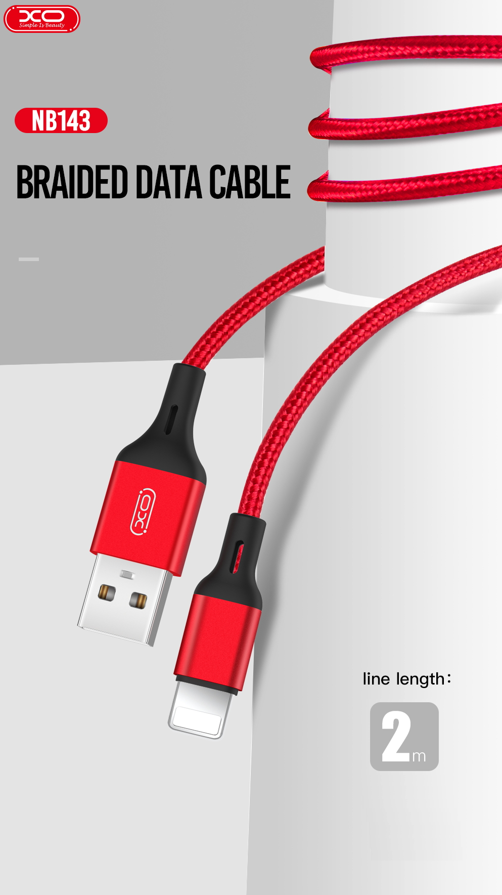 Cablu pentru incarcare si transfer de date XO NB143, USB/Lightning, 2.4A, 2 m, Rosu 1 Lerato.ro