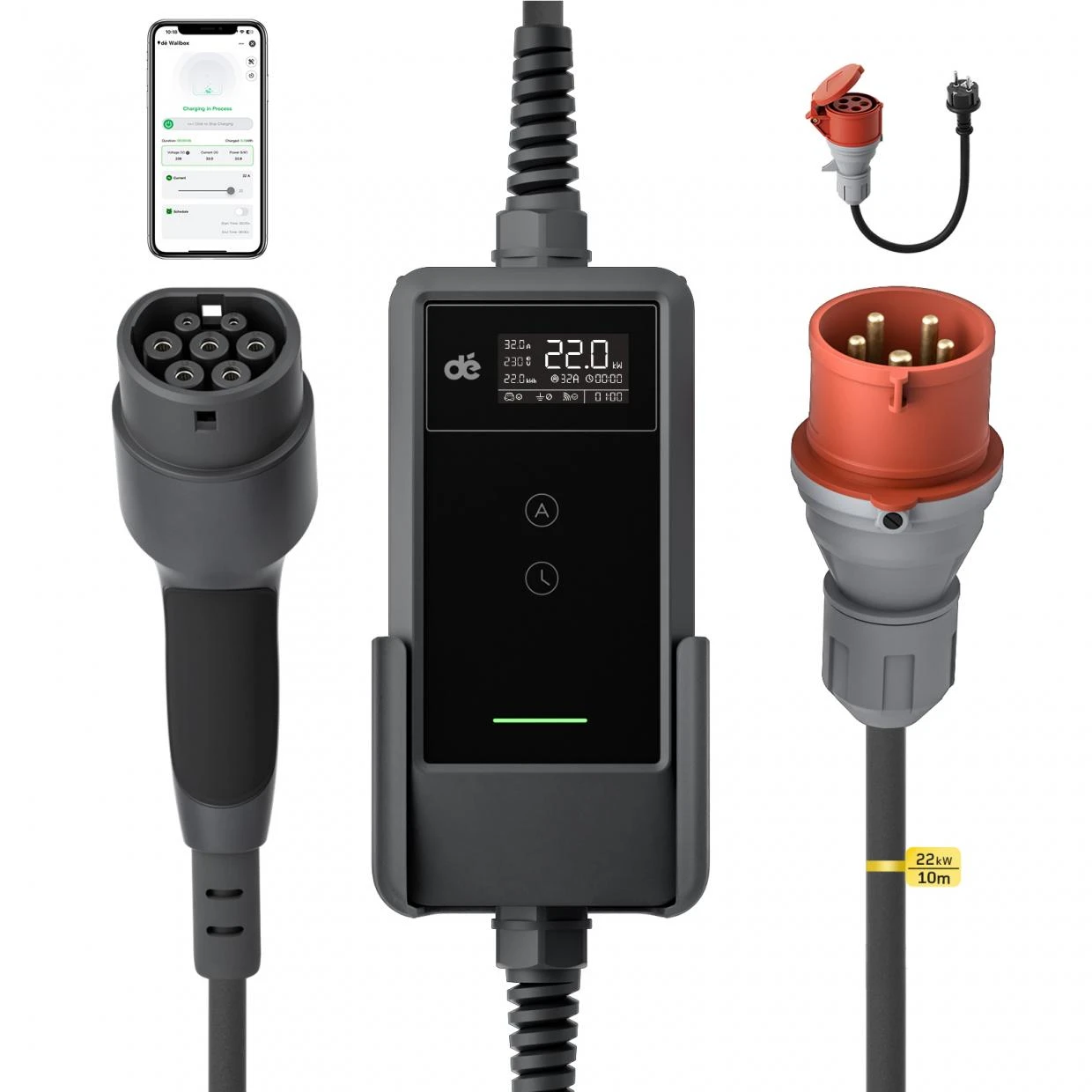 Incarcator portabil pentru masini electrice DEPOW Charger, 22kW, 16A, IP66, Lungime cablu 10m, Afisaj LCD, WiFi, Negru / Gri 1 Lerato.ro