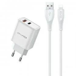 Incarcator retea AWEI PD81L-EU, 22.5W, 2.4A, 1x USB-C, 1x USB-A, 1x Cablu USB-A/USB-C 1m, Alb