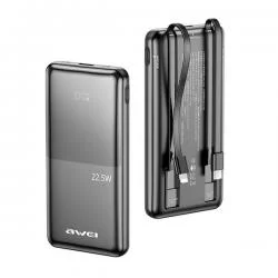 Baterie externa AWEI P76K, 10000 mAh, 22.5W, 3A, 1x Port USB-C, 1x Cablu USB-C, 1x Cablu Lightning, Negru