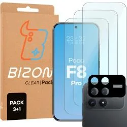Set protectie 4in1 Bizon Glass Clear Pack, 3 folii sticla ecran + 1 folie sticla camera foto, compatibil cu Xiaomi POCO F8 Pro, Transparent