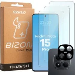 Set protectie 4in1 Bizon Glass Clear Pack, 3 folii sticla ecran + 1 folie sticla camera foto, compatibil cu Xiaomi Redmi Note 15 Pro 5G, Transparent