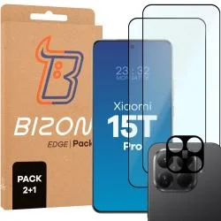 Set protectie 3in1 Bizon Glass Edge Pack, 2 folii sticla ecran + 1 folie sticla camera foto, compatibil cu Xiaomi 15T Pro, Negru