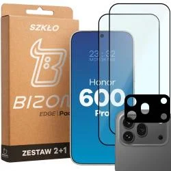 Set protectie 3in1 Bizon Glass Edge Pack, 2 folii sticla ecran + 1 folie sticla camera foto, compatibil cu Honor 600 Pro, Negru