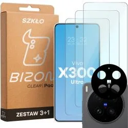 Set protectie 4in1 Bizon Glass Clear Pack, 3 folii sticla ecran + 1 folie sticla camera foto, compatibil cu Vivo X300 Ultra, Transparent