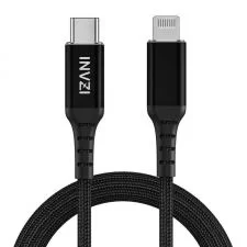 Cablu pentru incarcare si transfer de date INVZI, USB-C la Lightning, MFi, 2m, Negru