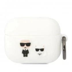 Carcasa Silicone Karl Lagerfeld KLACAPSILKCW, logo Karl & Choupette, cu breloc, comopatibila cu AirPods Pro, Alb