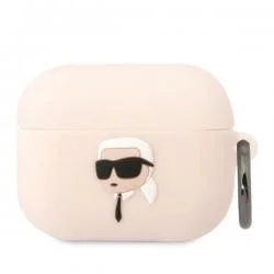 Carcasa Silicone Karl Lagerfeld KLAPRUNIKP, logo Karl Head 3D, cu breloc, compatibila cu AirPods Pro, Roz