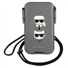 Geanta universala Karl Lagerfeld Saffiano Ikonik Karl and Choupette compatibila cu dispozitive de pana la 6.1 inch, Gri