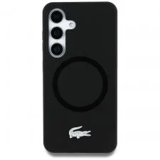 Carcasa Lacoste Silicone Microfiber Silver Croc Logo cu MagSafe compatibila cu Samsung Galaxy S25, Negru