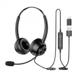Casti audio cu microfon New Bee NB-H368, Drivere 40mm, 38 dB, Control pe fir, USB, Adaptor USB la USB-C inclus, Negru