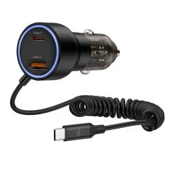 Incarcator auto TECH-PROTECT CC05, USB/USB-C, PD 60W, Cablu USB-C integrat, Negru