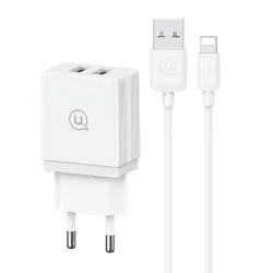 Incarcator retea USAMS HCXLTZ01, 18W, 3A, 2xUSB-A, Fast Charging, Cablu USB-A la Lightning inclus, Alb